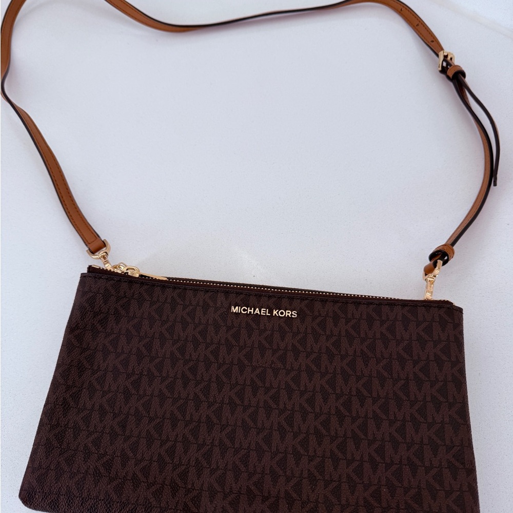 Michael Kors Dark Brown MK Monogram Crossbody with Tan Strap
